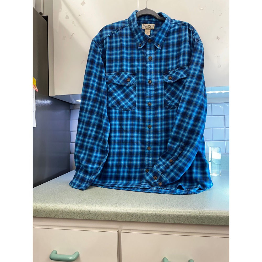 Duluth Trading Co Mens Blue Plaid Flannel Shirt 2XL Free Swingin Button Down